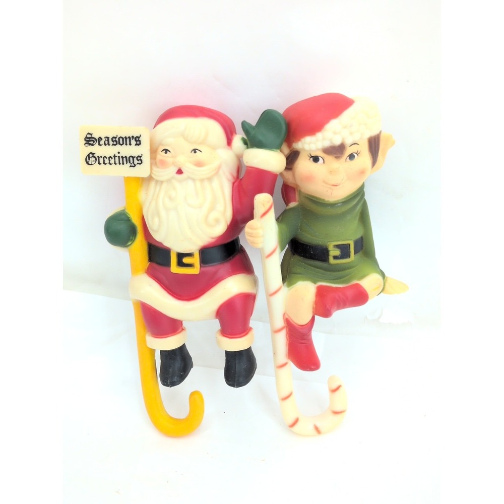 VTG Christmas Santa Elf Blow Mold Stocking Holder Mantle Shelf Sitter